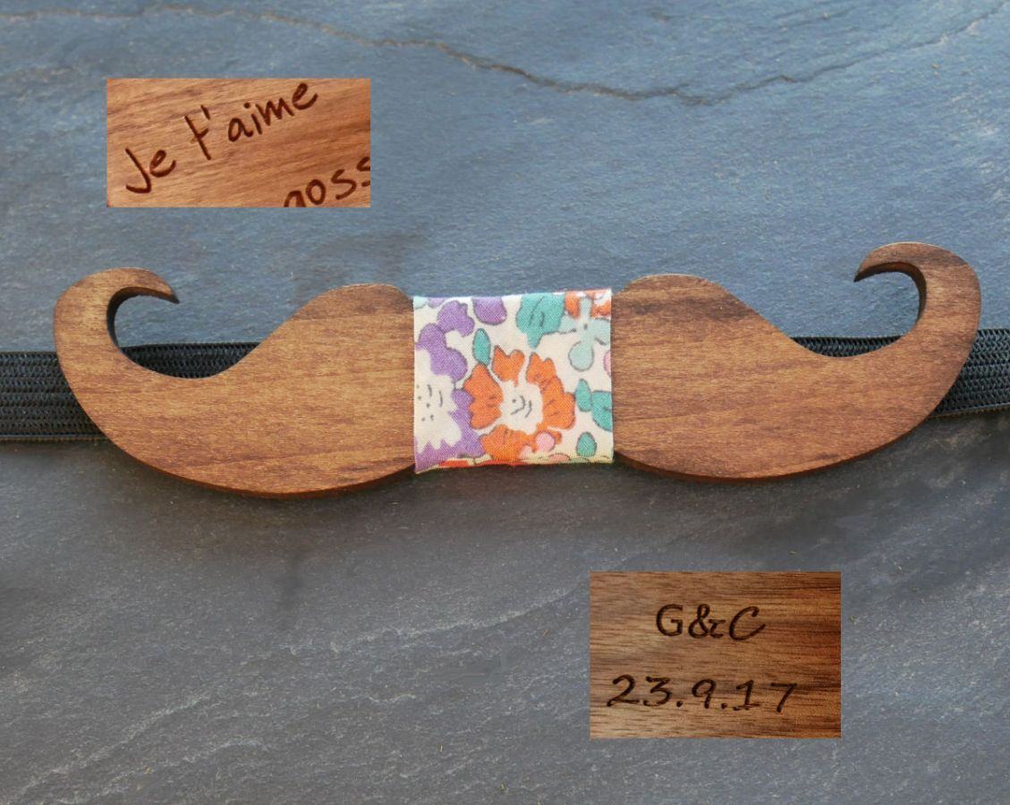 Noeud papillon Moustache en bois teinté à personnaliser fabriqué en France