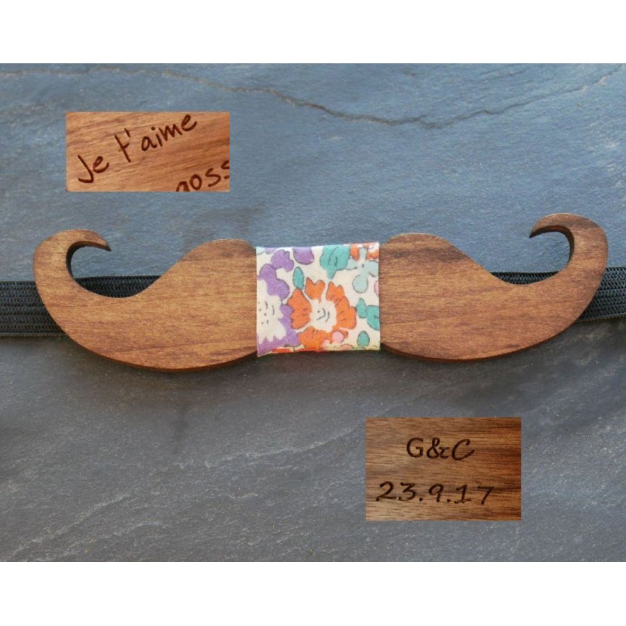 Noeud papillon Moustache en bois teinté à personnaliser fabriqué en France