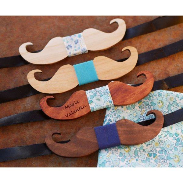 Noeud papillon Moustache en bois merisier &agrave; personnaliser fabriqu&eacute; en France