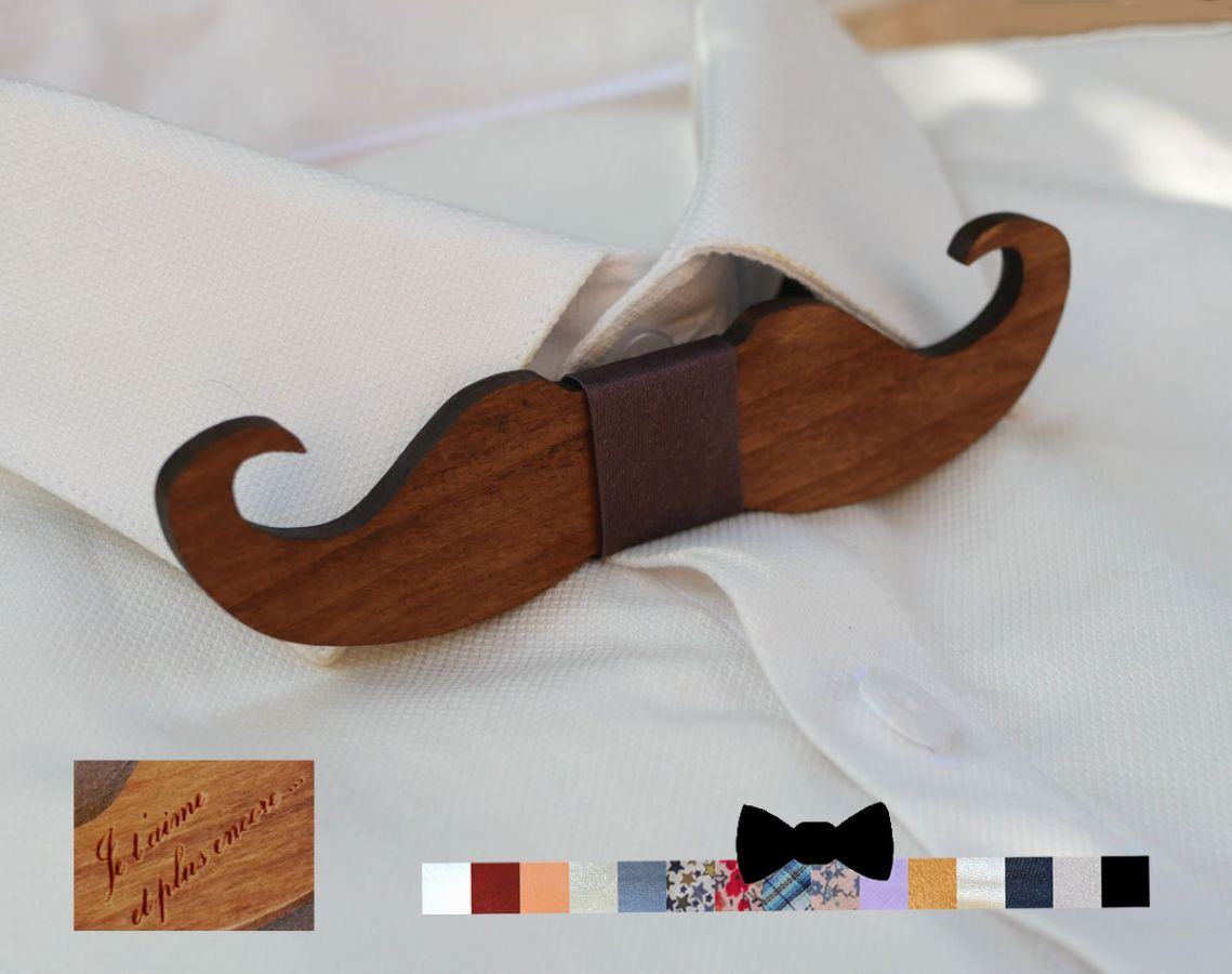 Noeud papillon Moustache en bois teinté à personnaliser fabriqué en France