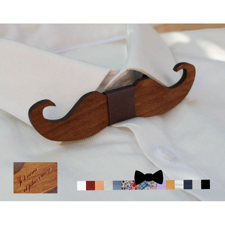 Noeud papillon Moustache en bois teinté à personnaliser fabriqué en France