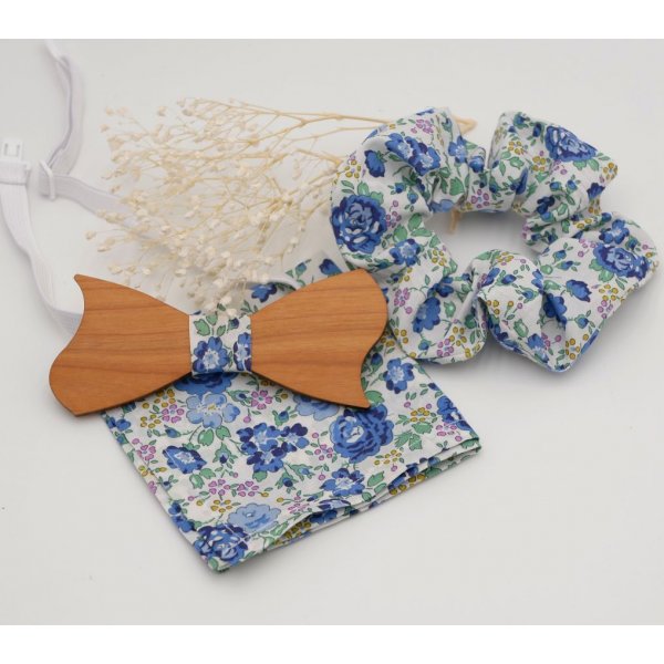 Pochette Liberty Bleu + chouchou + noeud papillon en bois personnalisable