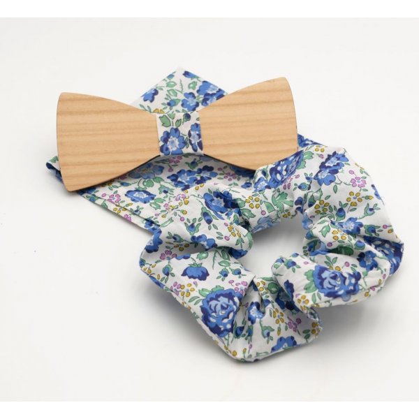 Pochette Liberty Bleu + chouchou + noeud papillon en bois personnalisable