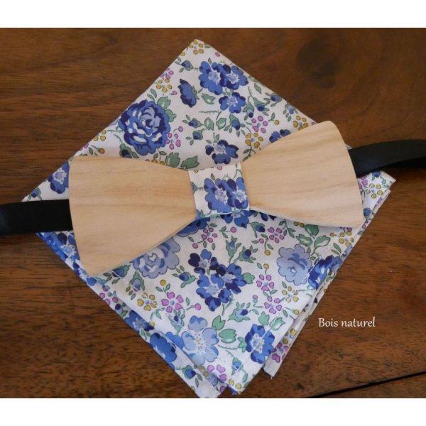 Pochette Liberty Bleu + chouchou + noeud papillon en bois personnalisable