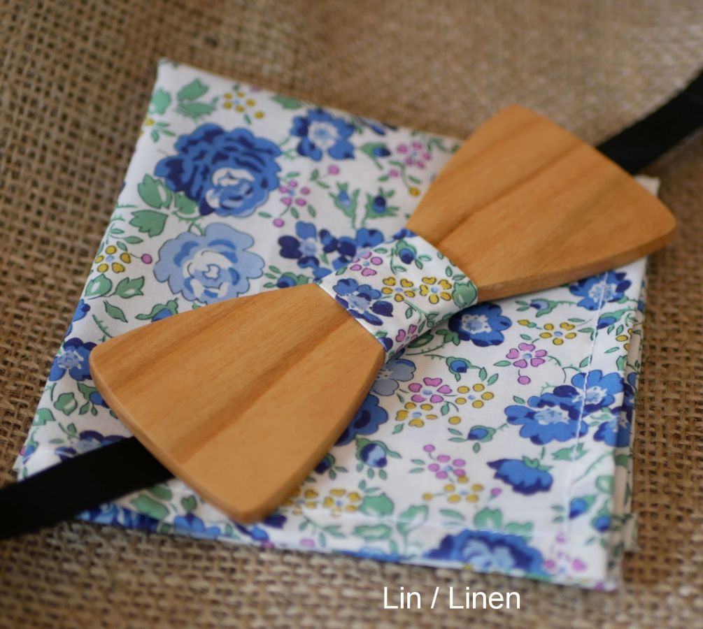 Pochette Liberty Bleu + chouchou + noeud papillon en bois personnalisable