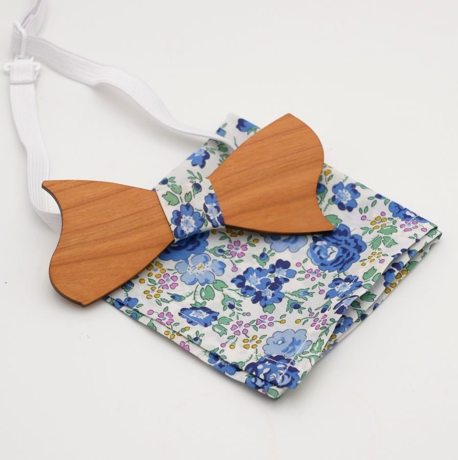 Pochette Liberty Bleu noeud papillon en bois personnalisable