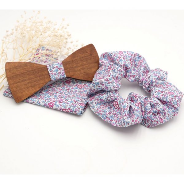Pochette Liberty Katie + chouchou + noeud papillon en bois personnalisable