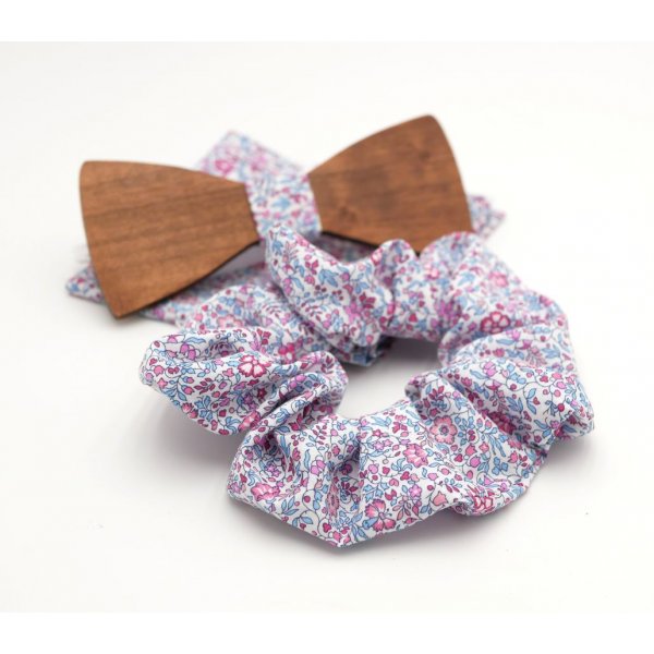 Pochette Liberty Katie fuchsia et noeud papillon en bois au choix