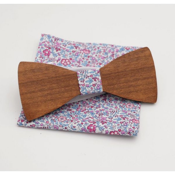 Pochette Liberty Katie fuchsia et noeud papillon en bois au choix