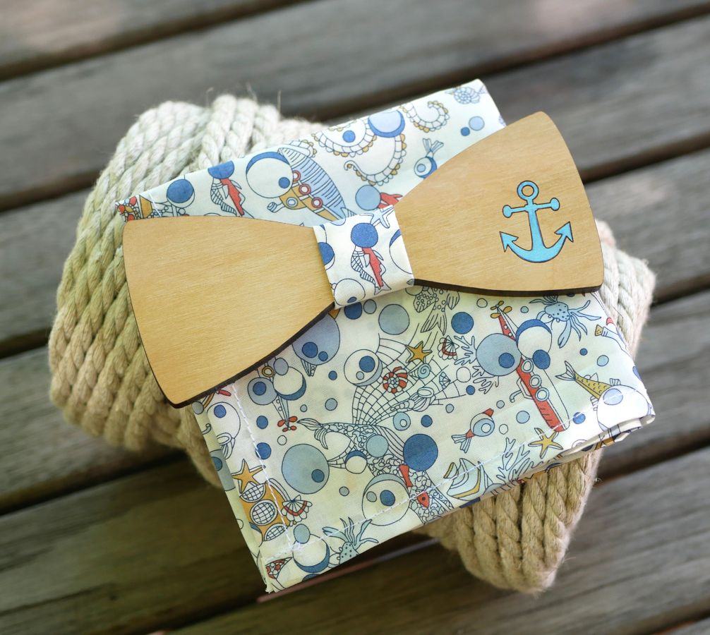 Pochette Liberty Ocean marin noeud papillon en bois personnalisable