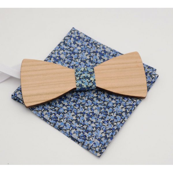Pochette Liberty Pepper Bleu + chouchou + noeud papillon en bois personnalisable