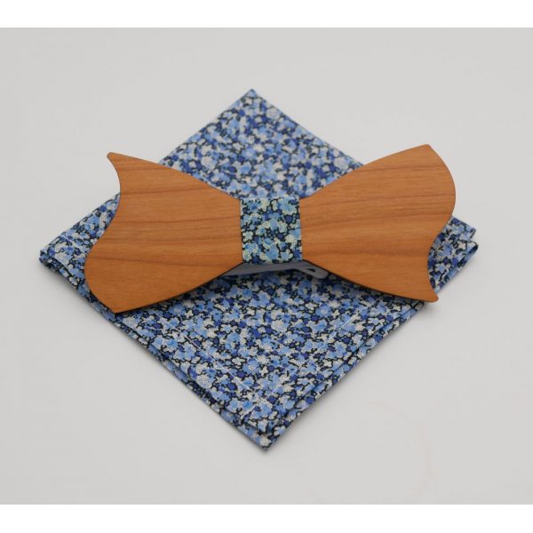 Pochette Liberty Pepper Bleu + chouchou + noeud papillon en bois personnalisable