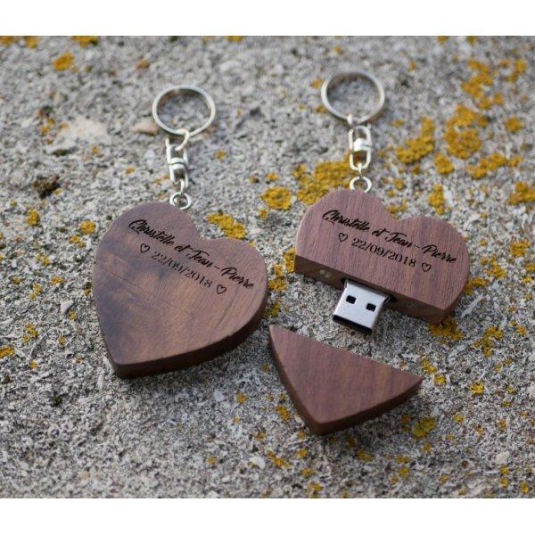 Porte clef USB coeur en bois sombre gravée à personnaliser