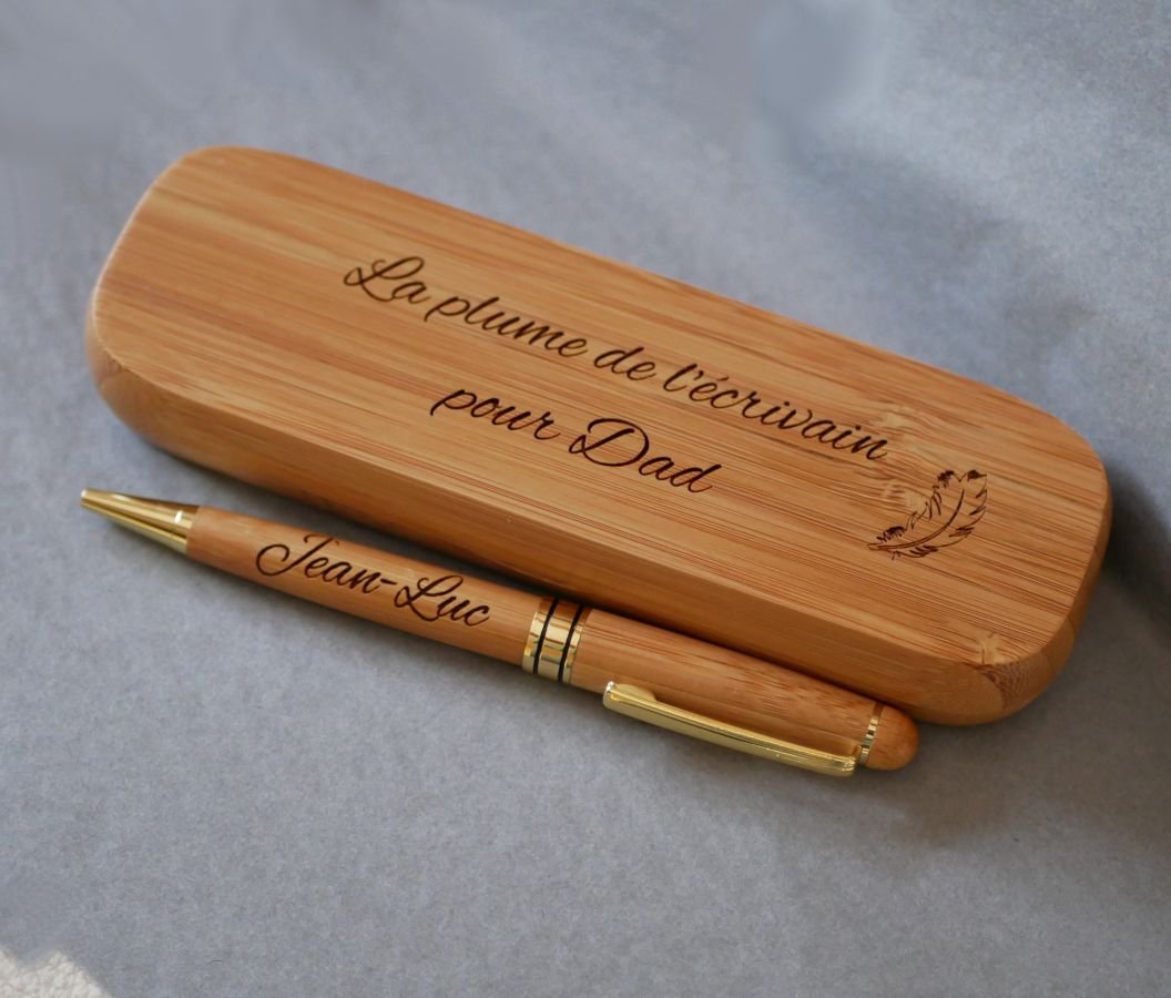 Nezyo Stylo avec Boîte en Bois Stylo à Bille Personnalisé Stylo en Bois  avec Gravure Stylo Fantaisie de Signature Vintage en Bambou Coffret Cadeau  de