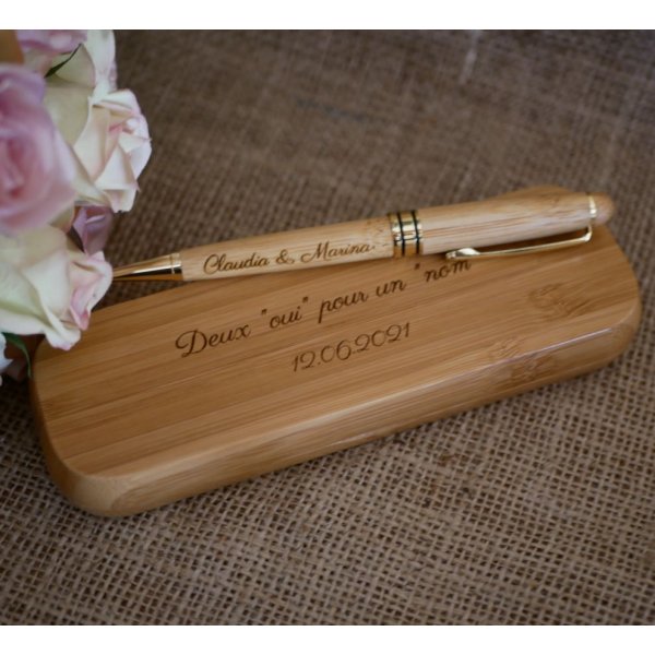 Stylo en bambou gravé dans coffret en bois massif personnalisé